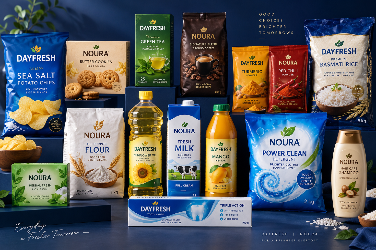 FMCG concept mockups including snacks, groceries, beverages and household care packaging