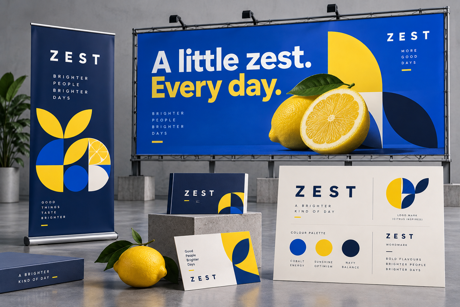 Fictional Zest brand identity with logo, advertising billboard and roll-up banner concepts