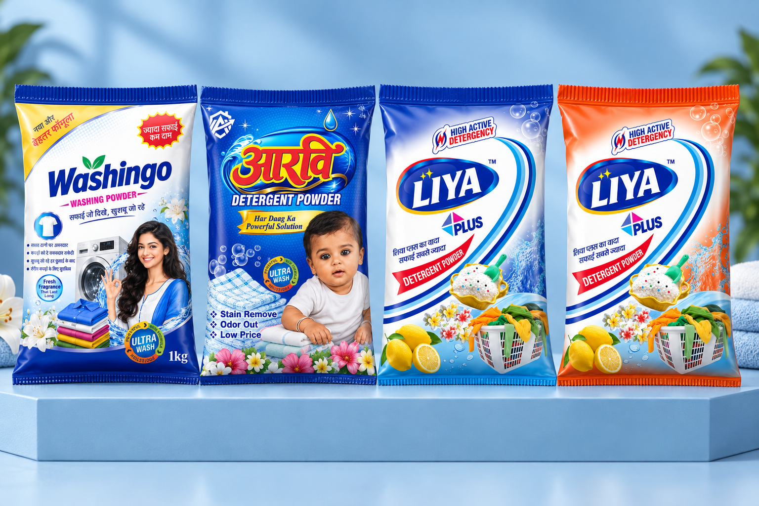 Studio mockup presentation of Washingo · Aarvi · Liya Plus packaging based on original Graphics Effect artwork