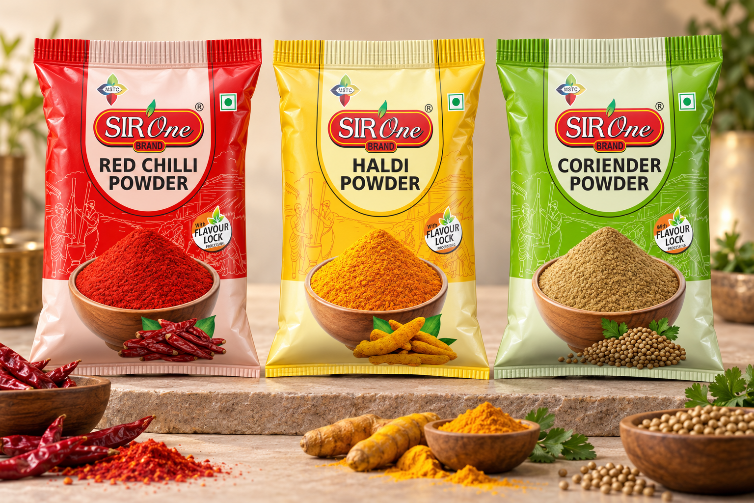 Studio mockup presentation of SIR One spice range packaging based on original Graphics Effect artwork