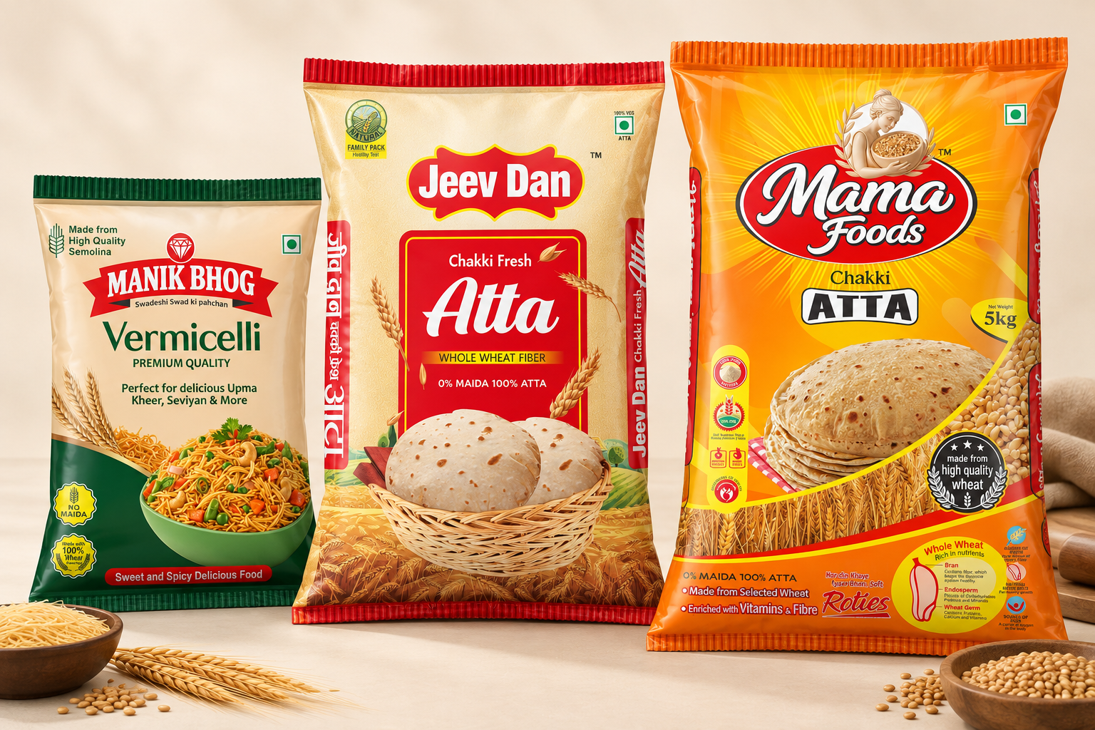 Studio mockup presentation of Manik Bhog · Jeev Dan · Mama Foods packaging based on original Graphics Effect artwork