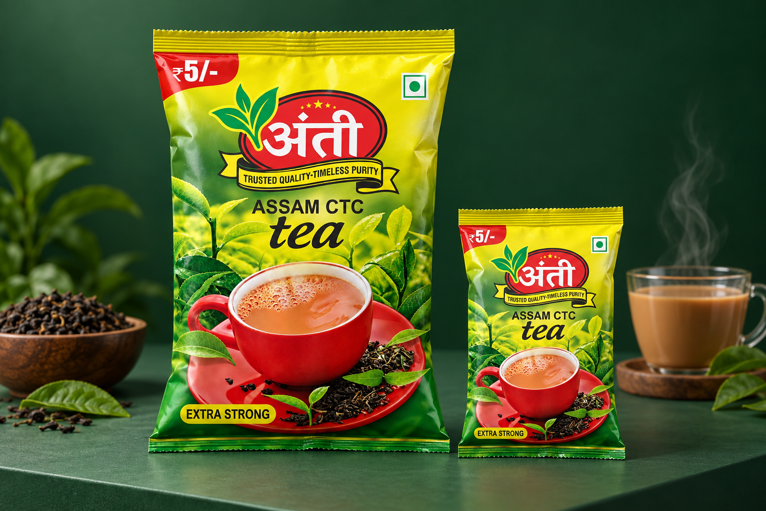 Studio mockup presentation of Assam CTC Tea packaging based on original Graphics Effect artwork