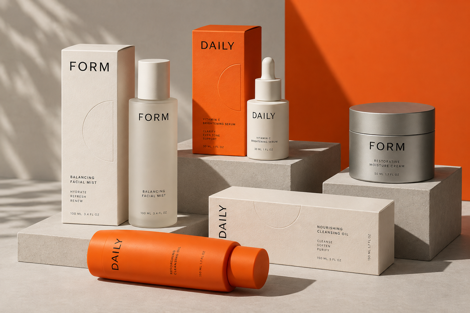 Illustrative premium cosmetics cartons, bottles and jar packaging